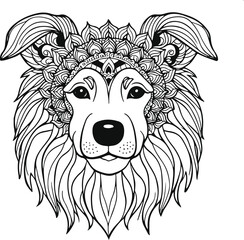 coloring page for adults, Dogface with mandala pattern on head, thick lines, low details, no  shading, white background.eps