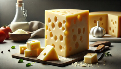 Photo of cheese dices and slices, featuring a block of cheese with holes and sliced pieces on a cutting board with garlic and tomatoes – perfect for cooking tutorials, product packaging