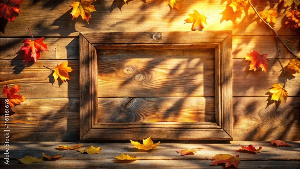 Poster rustic autumnal wooden frame surrounded by golden and red leaves with soft sunlight and shadows