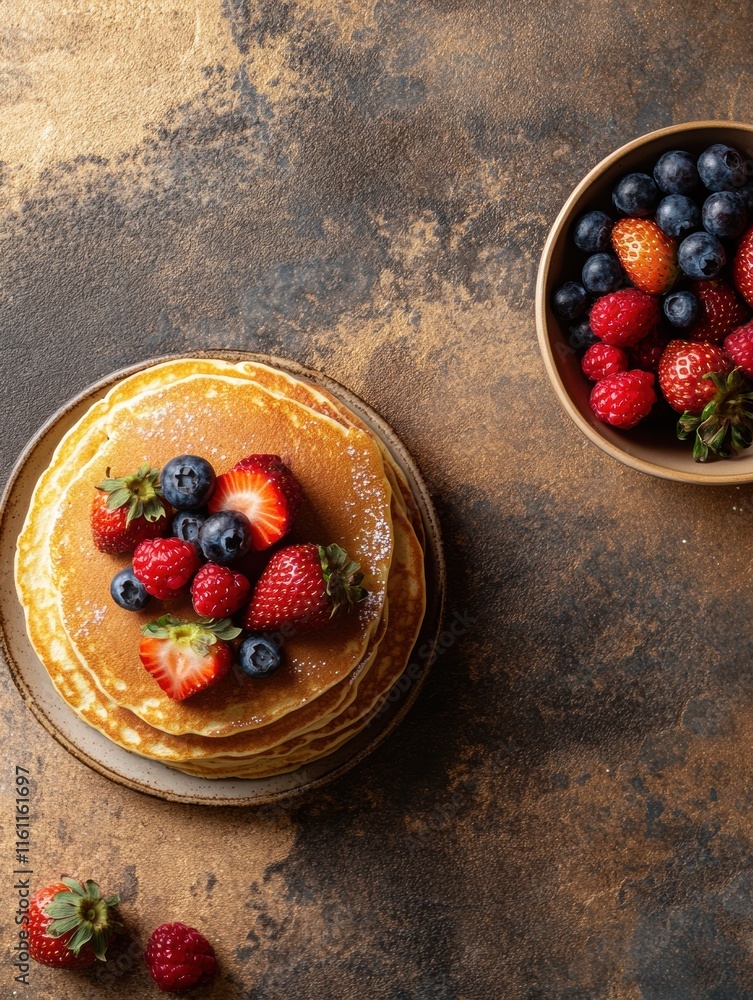 Poster delicious golden pancakes topped with fresh strawberries and blueberries on a rustic table with spac