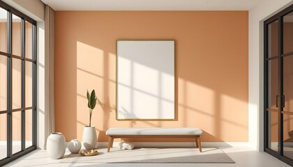 minimalist entryway with frame mockup, simple bench, small plant, warm-toned wall, soft recessed lighting, clean lines, neutral tones, elegant, welcoming atmosphere