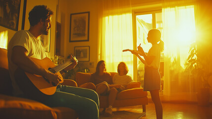 father plays guitar while his daughter performs in sunlit living room, creating warm and joyful atmosphere. Family members enjoy moment together