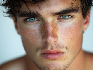 Obraz premium close up portrait of young man with striking green eyes and tousled hair, showcasing his natural beauty and unique features. soft lighting enhances his skin texture and expression
