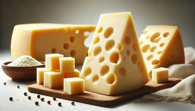 Photo of cheese dices and slices, presenting a block of cheese with holes and diced pieces on a cutting board, side view – great for culinary branding, promotional visuals, and cooking classes.