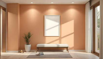 minimalist entryway with frame mockup, simple bench, small plant, warm-toned wall, soft recessed lighting, clean lines, neutral tones, elegant, welcoming atmosphere