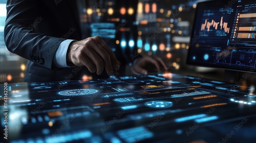 Poster businessman analyzing workflow automation and data processing