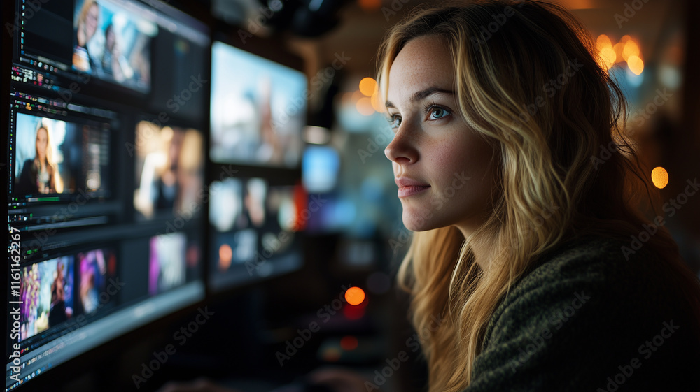 Poster woman focused on computer screen during video call, surrounded by multiple monitors displaying vario