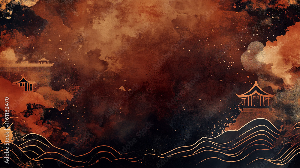 Poster dark tone background with watercolor shapes in shades of brown and gold, featuring abstract structur