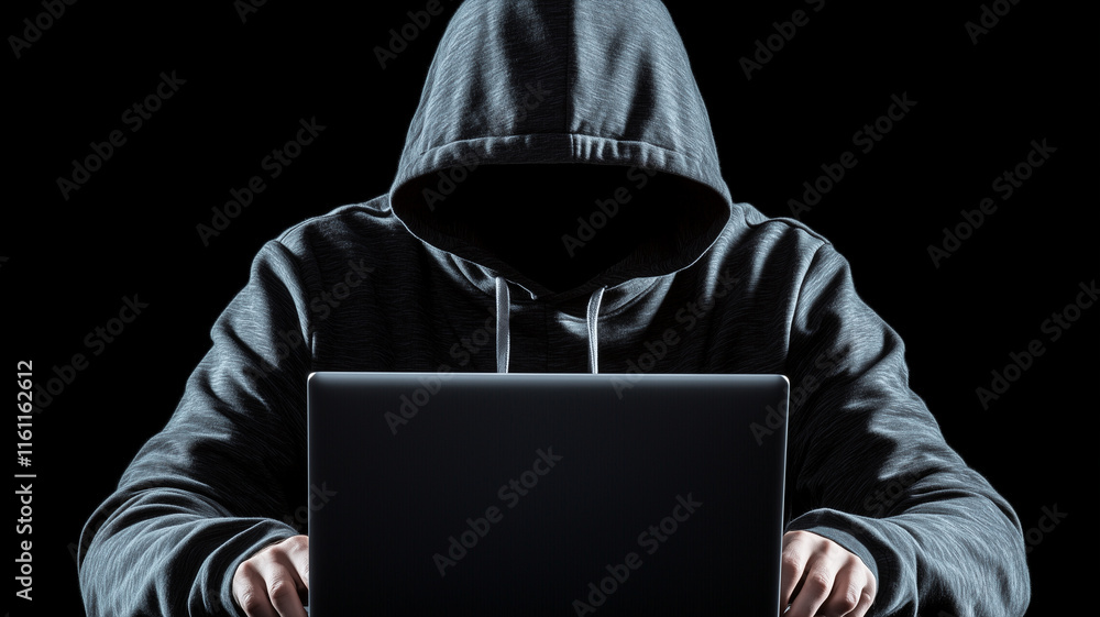 Poster mysterious hacker in hoodie types on laptop under dim light, creating atmosphere of secrecy and intr