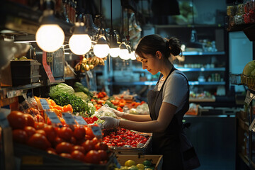 Customer Browsing Supermarket Aisle with Fresh Produce and Groceries Under Warm Ambient Lighting