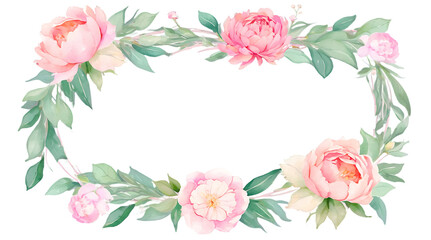Watercolor Pink Floral Border with Peony, Rose, and Hydrangea Wreath