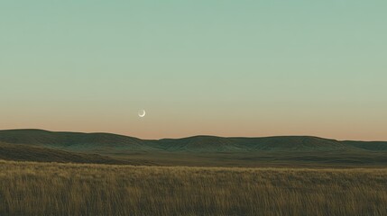 Obraz premium Serene twilight landscape with crescent moon over rolling hills and grassy field.