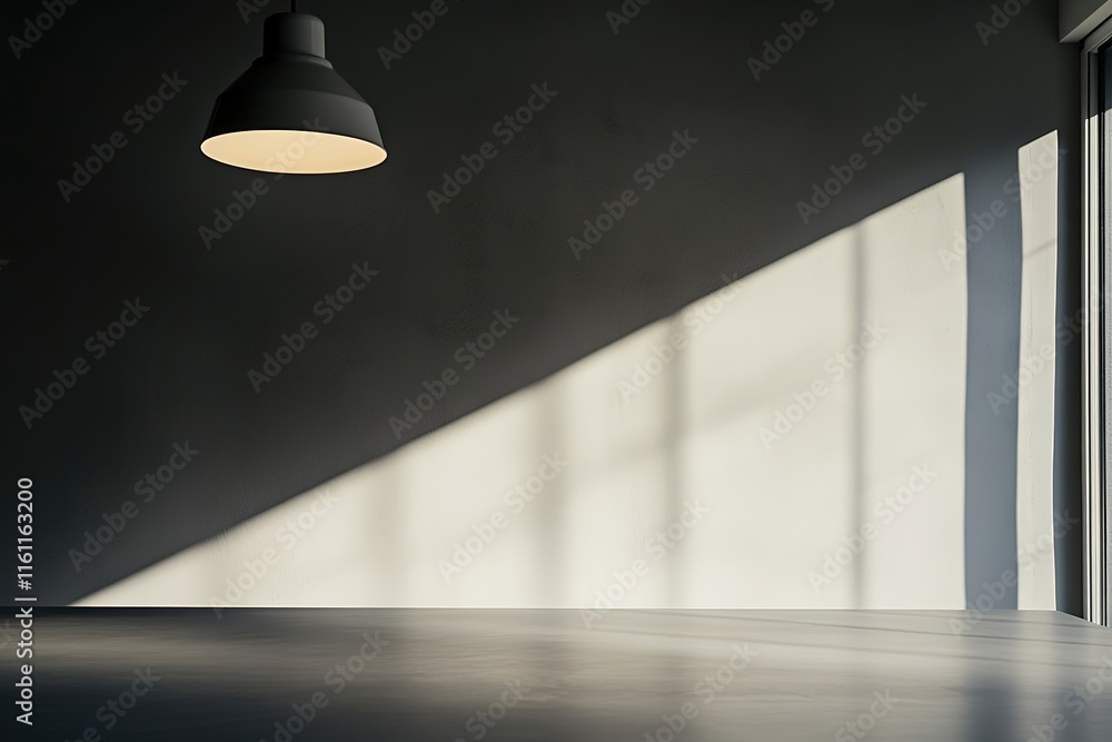 Poster overhead light illuminates minimalist dining table casting long shadows and adding texture to scene