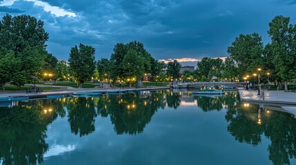 Fototapeta premium Serene twilight view of a calm canal reflecting illuminated trees and cityscape.