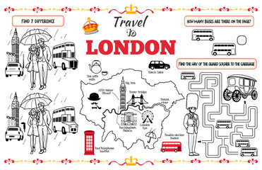  A fun placemat for kids. Printable “Travel to London” activity sheet with a labyrinth and find the differences. 17x11 inch printable vector file