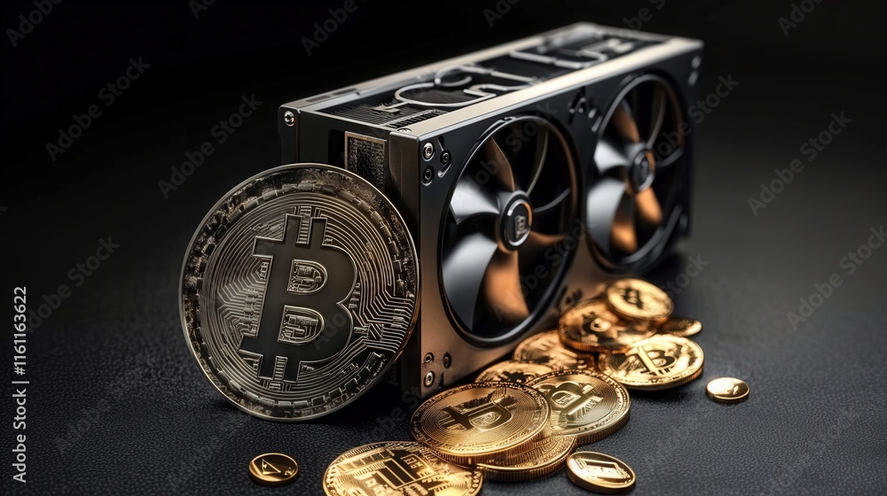 Poster bitcoin coin and graphics card with gold coins on a dark background