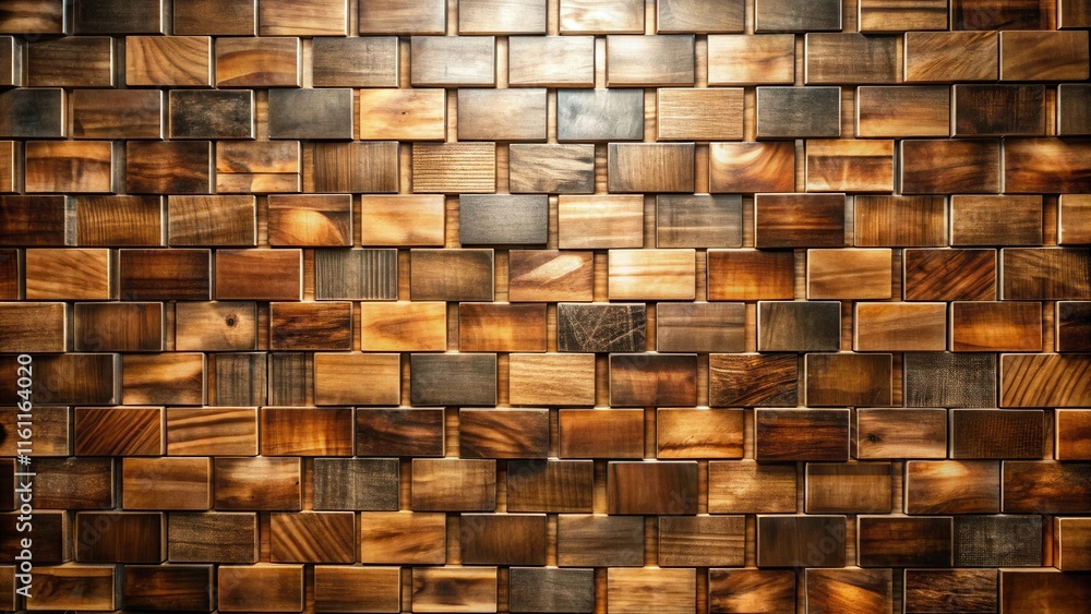 Aufkleber A rustic wooden wall adorned with a pattern of stacked rectangular blocks, each displaying a unique grain and texture, creating a captivating visual tapestry.