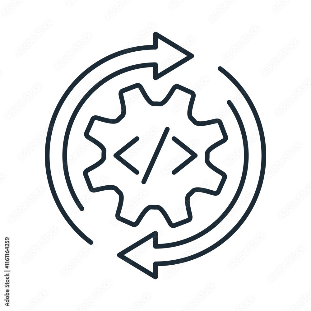 Poster software development.data management.vector linear icon isolated on white background.