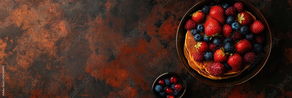 Poster delicious stack of golden pancakes with fresh strawberries and blueberries ready to be enjoyed at a 