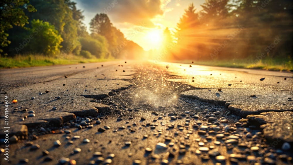 Poster a cracked asphalt road leading towards the golden glow of a setting sun, creating a mesmerizing path