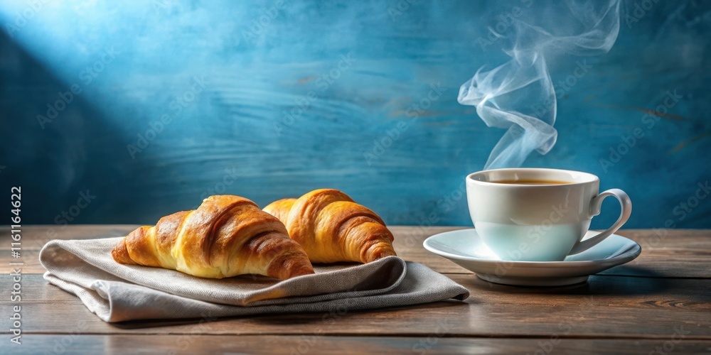 Poster a cup of steaming coffee with two croissants on a rustic wooden table and a blue background