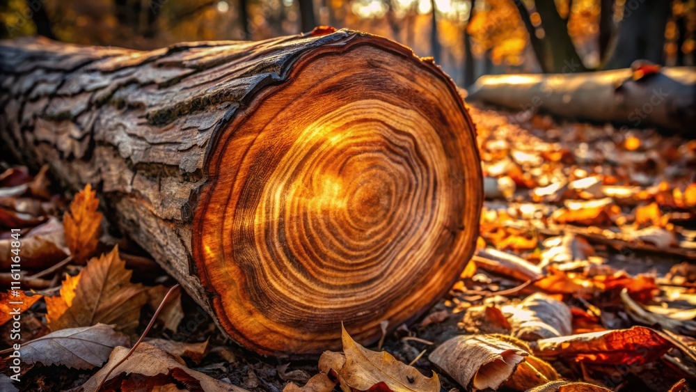 Poster a close-up of a tree trunk cut, revealing the intricate patterns of its rings, bathed in the warm gl