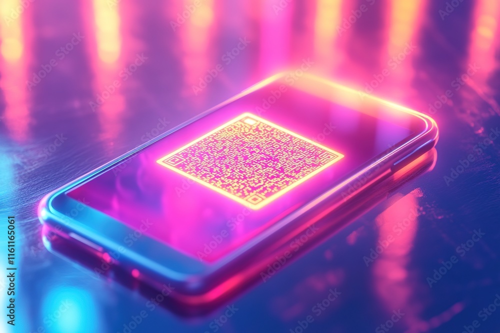 Poster smartphone with glowing qr code displayed on its screen resting on reflective surface