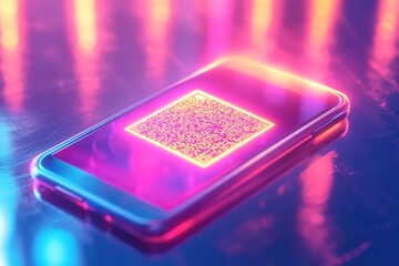 smartphone with glowing qr code displayed on its screen resting on reflective surface