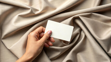 Obraz premium A hand with neatly manicured nails holds a blank white card against a backdrop of draped, silky beige fabric. The smooth material creates elegant folds, adding a sense of luxury to the scene.AI genera