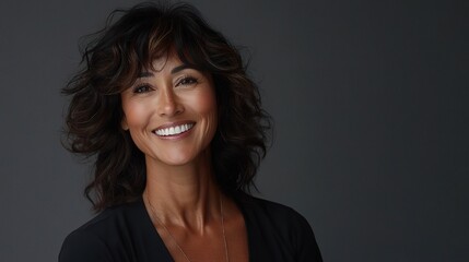 Fototapeta premium Confident Businesswoman Smiling Warmly in Sleek Gray Background