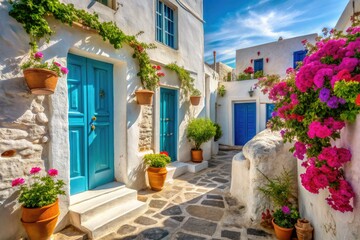 Explore Tinos' Pyrgos: Close-up photos showcase the stunning textures and colors of its Cycladic architecture and blooming flowers.
