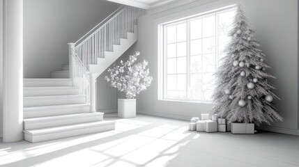 Fototapeta premium A bright and minimalistic interior scene featuring a beautifully decorated Christmas tree adorned with ornaments, surrounded by wrapped gifts. The space has a staircase with white railings leading up,