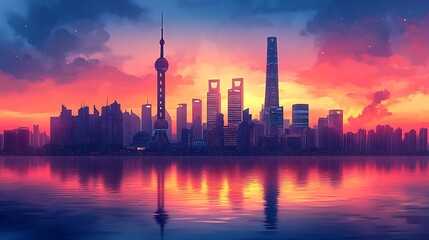 Obraz premium Shanghai Skyline Sunset Cityscape Stunning Vibrant Colors