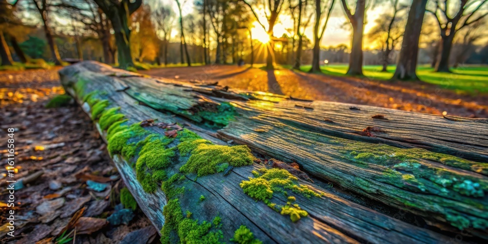 Poster A close-up view of a weathered wooden log covered in lush green moss, illuminated by the warm glow of a setting sun through the trees in the background.