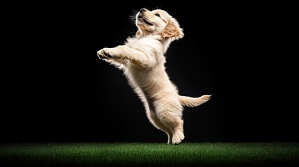 Fototapeta premium Playful golden retriever puppy jumping in studio animal photography dark background joyful mood