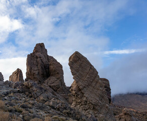 Roques de García in a cloudy Teide National Park, Tenerife.