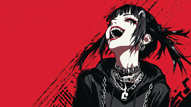 Stylized Anime Girl in Gothic Punk Fashion with Bold Red and Black Color Palette and Intricate Accessories