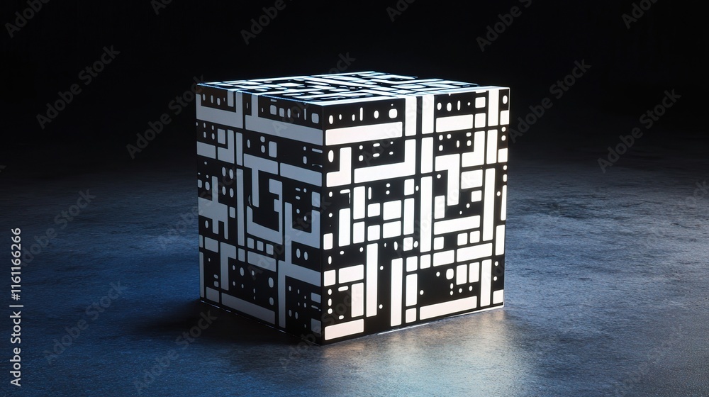 Poster abstract geometric cube rendering with intricate patterns