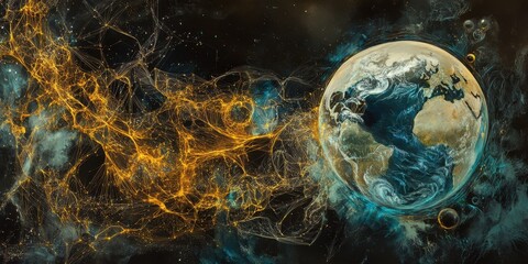 A stunning view of Earth in space, surrounded by luminous golden energy and swirling cosmic elements, highlighting the beauty of the universe during a starry night