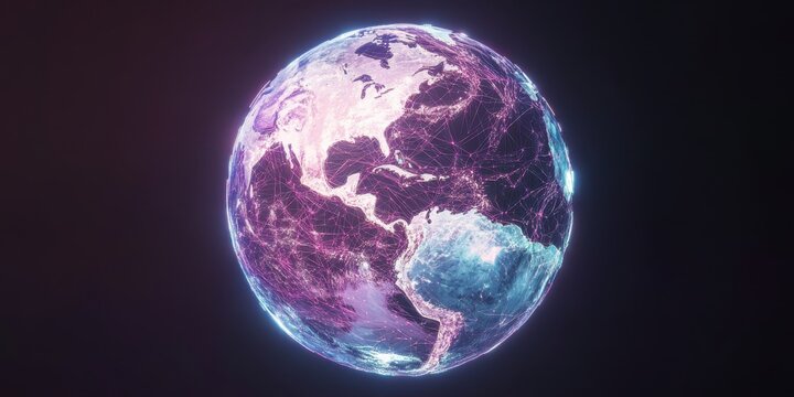 A vivid and illuminated globe showcases the Americas, highlighting interconnectedness and technology with vibrant colors and network lines