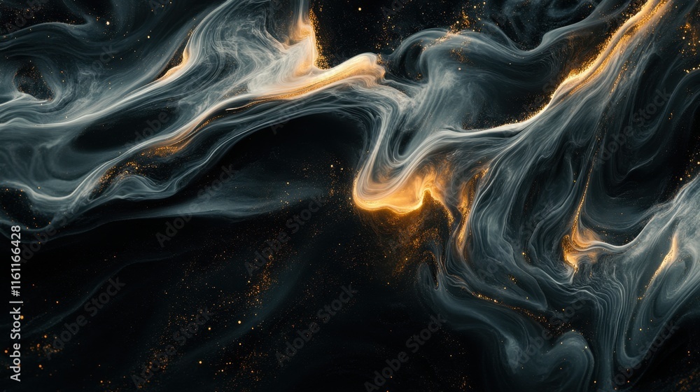 Poster swirling textures of black and gold create a captivating abstract composition, showcasing a blend of