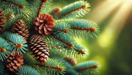 Pine Cones on a Branch, isolated on a white background