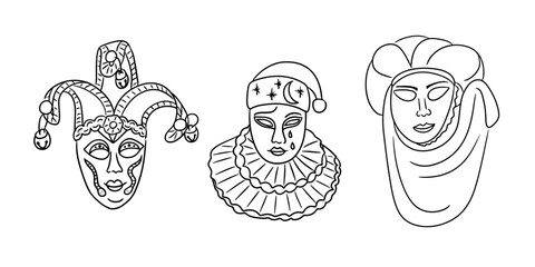 Elegant black and white doodle illustration of three Venetian carnival masks with intricate designs, symbolizing tradition and theatrical art. Vector contour drawings set for carnival