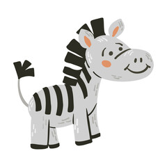 Cute hand drawn flat drawing of smiling zebra with bold black stripes, rosy cheeks, and playful expression. Vector childish illustration isolated on white background
