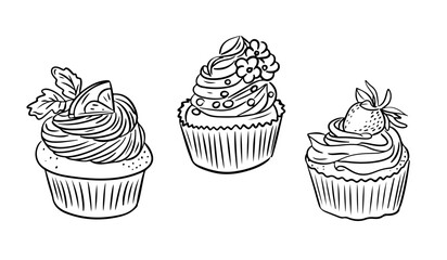 Hand drawn black and white illustration of three cupcakes, each uniquely decorated with fruits, flowers, and creamy swirls. Vector drawing isolated on white background for coloring pages