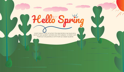 Hello spring. Spring abstract background, banner, poster with spring flowers and leaves. Spring leaves. Modern trendy colorful design. Template for advertising, web, social media.