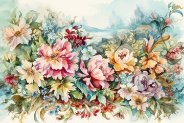 picturesque flower arrangement in watercolor technique. Bright and rich flowers of different shades - pink, red, yellow, blue and purple - form a rich bouquet.  