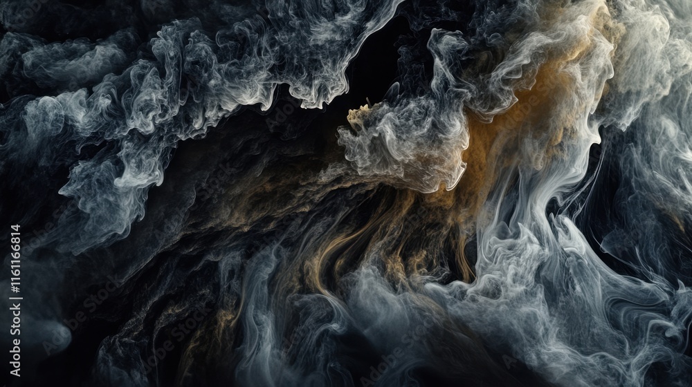 Poster swirling clouds of gray and gold intertwine to create an abstract composition resembling a cosmic la