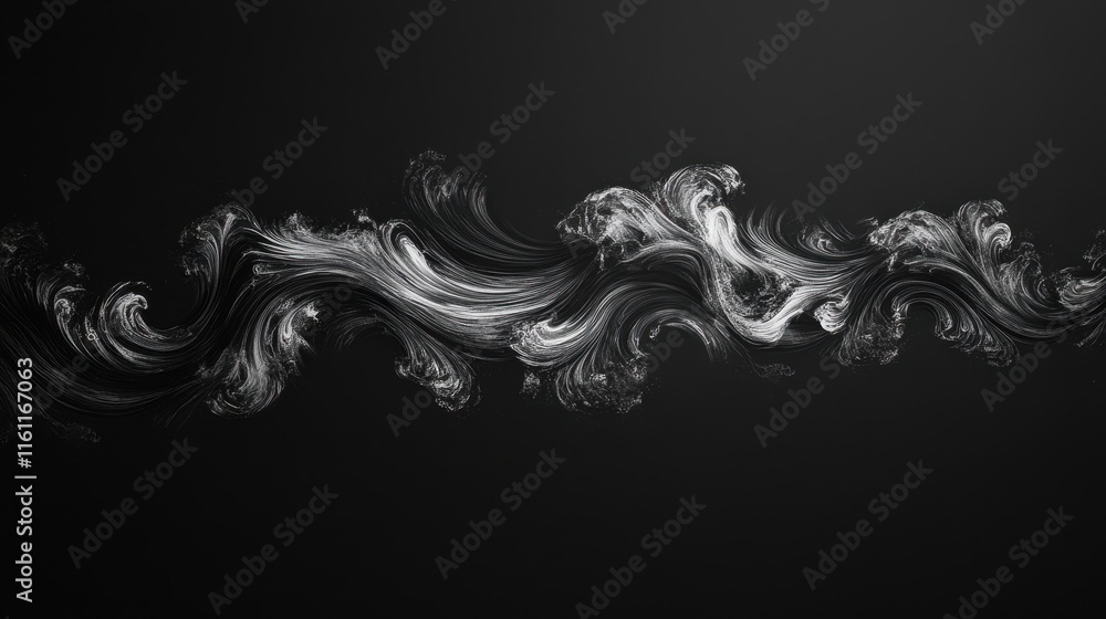 Poster swirling patterns in black and white create an abstract design that suggests movement and fluidity, 
