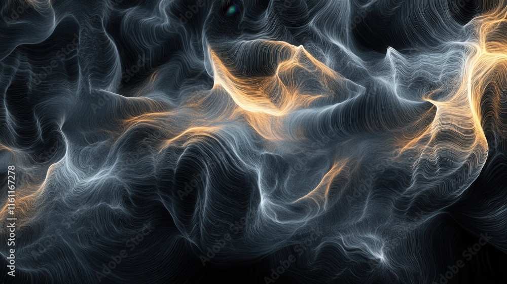Poster dynamic swirling patterns appear in dark tones interspersed with glowing orange highlights, evoking 